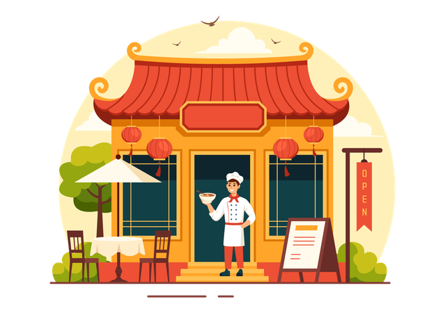 Waiter serving food at Vietnamese Food Restaurant  Illustration