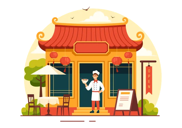 Waiter serving food at Vietnamese Food Restaurant  Illustration