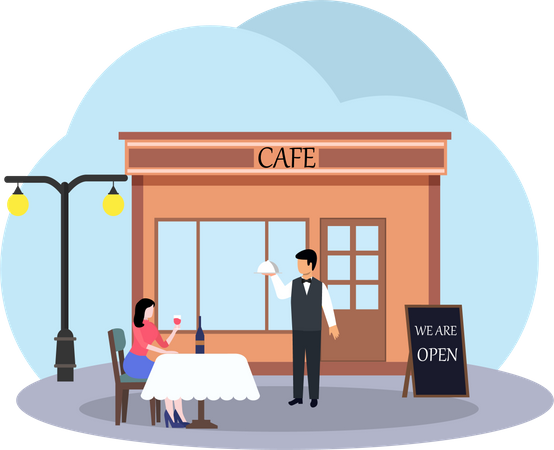 Waiter serving food outside cafe Illustration