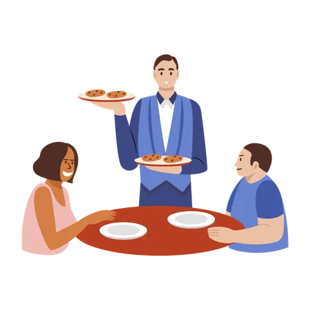 Waiter serving food to customers  Illustration