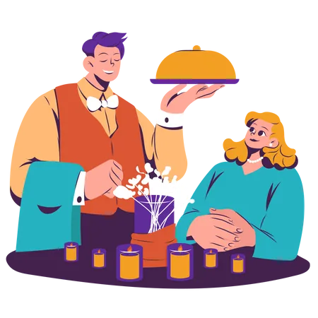 Waiter serving food to woman Illustration