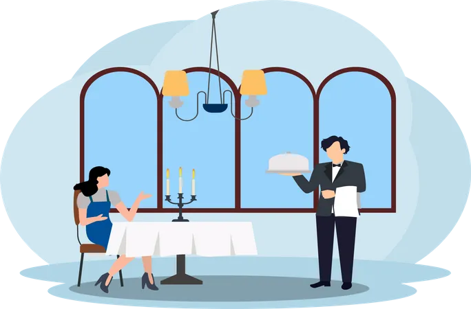 Waiter serving food to woman Illustration