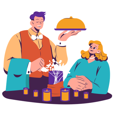 Waiter serving food to woman  Illustration