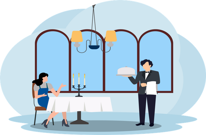 Waiter serving food to woman  Illustration