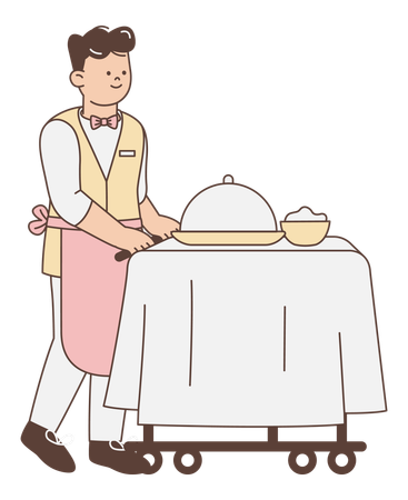 カートで料理を提供するウェイター  イラスト