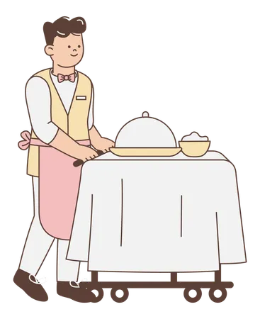 カートで料理を提供するウェイター  イラスト