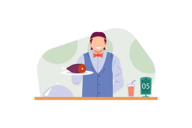 Waiter Serving Meat Dish  Illustration