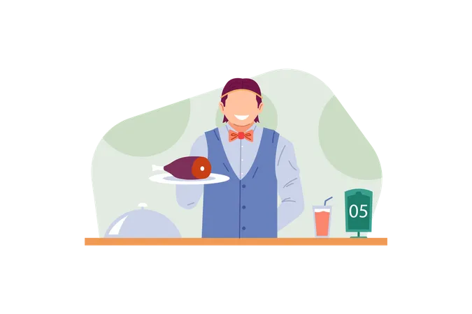 Waiter Serving Meat Dish  Illustration