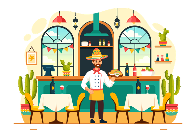 Waiter serving Mexican food at restaurant  Illustration