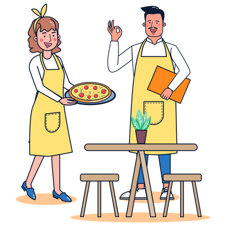Waiter serving pizza Illustration