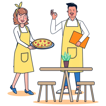 Waiter serving pizza Illustration