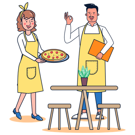 Waiter serving pizza  Illustration