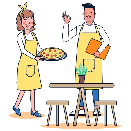 Waiter serving pizza  Illustration