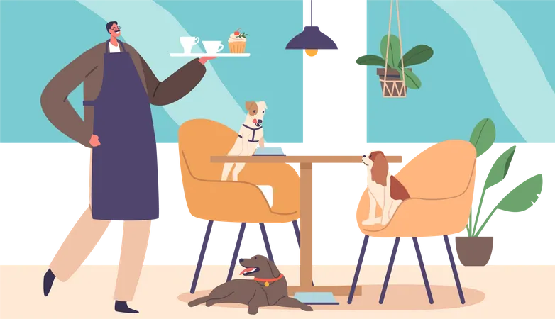 Waiter serving puppies in pet friendly cafe  Illustration
