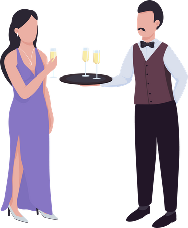 Waiter serving sparkling wine to lady  Illustration