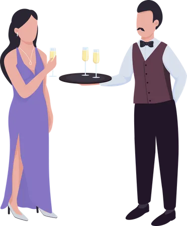 Waiter serving sparkling wine to lady  Illustration