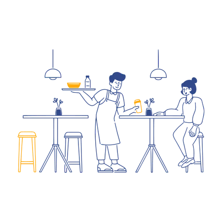 Waiter serving to girl Cafe  Illustration