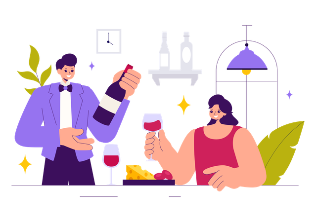 Waiter serving wine to woman  Illustration