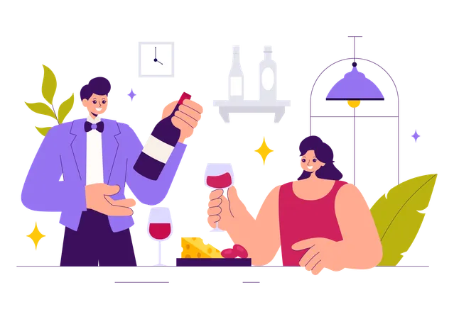 Waiter serving wine to woman  Illustration