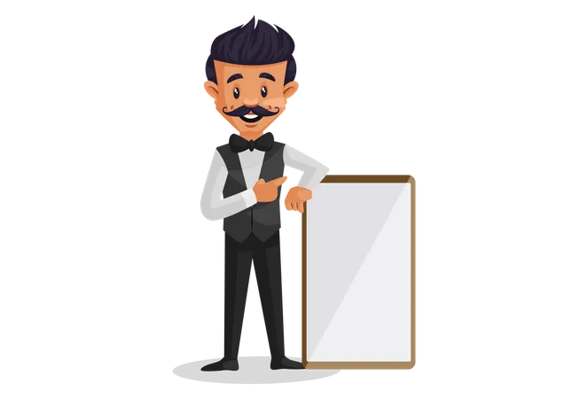 Waiter showing a blank white board Illustration