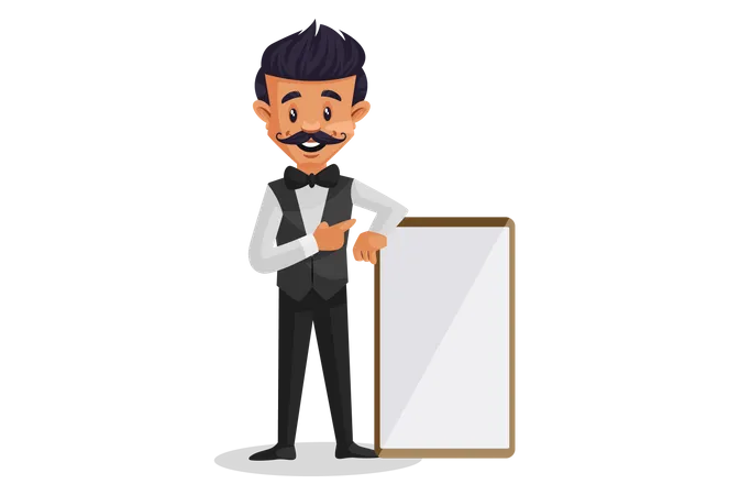 Waiter showing a blank white board  Illustration