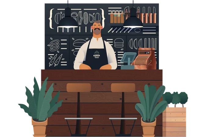 Waiter standing at burger shop Illustration