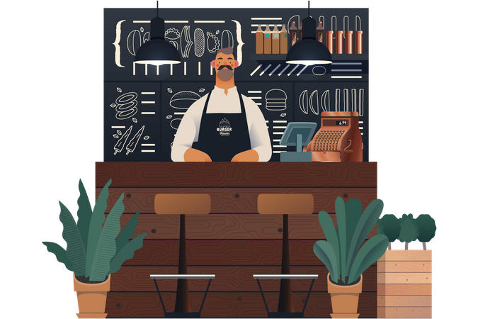 Waiter standing at burger shop  Illustration