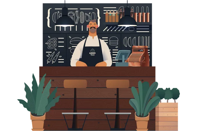 Waiter standing at burger shop  Illustration