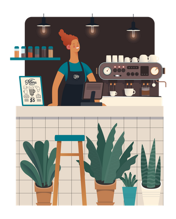 Waiter standing at coffee shop  Illustration