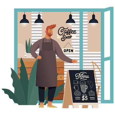 Waiter standing in coffee shop Illustration