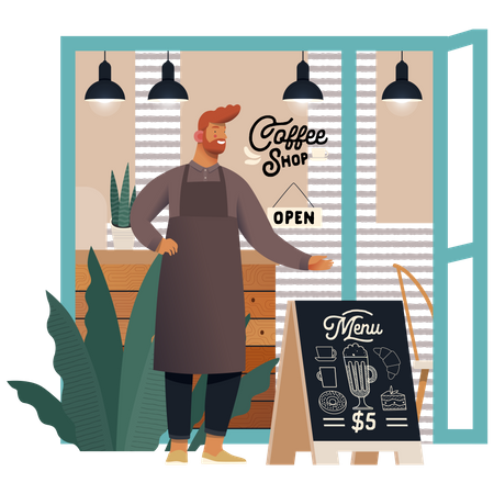 Waiter standing in coffee shop  Illustration