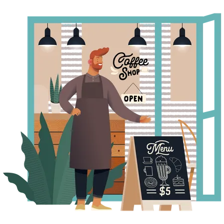 Waiter standing in coffee shop  Illustration