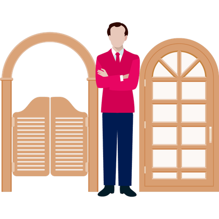 Waiter standing next to cafe door  Illustration