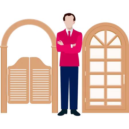 Waiter standing next to cafe door  Illustration