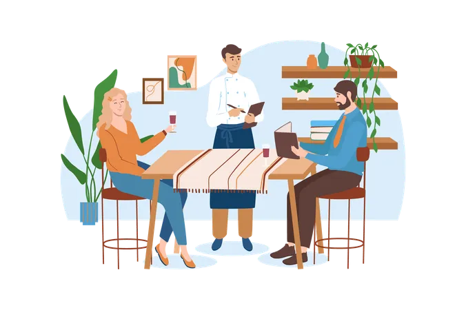 Kitchen Blue Concept With People Scene In The Flat Cartoon Design Waiter Takes An Order From A Young Couple Who Came To The Restaurant Vector Illustration 일러스트레이션