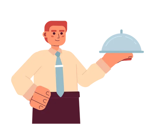 Waiter With Dish Semi Flat Colorful Vector Character Editable Half Body Caucasian Cooking Person On White Simple Cartoon Spot Illustration For Web Graphic Design Illustration