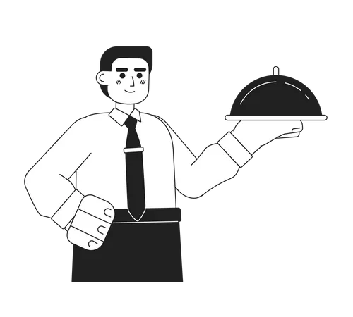 Waiter With Dish Monochromatic Flat Vector Character Editable Thin Line Half Body Young Caucasian Man Hold Tray With Dome On White Simple Bw Cartoon Spot Image For Web Graphic Design Illustration