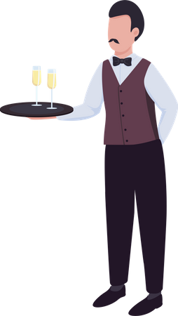 Waiter with sparkling wine on tray  Illustration