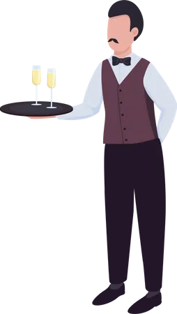 Waiter with sparkling wine on tray  Illustration