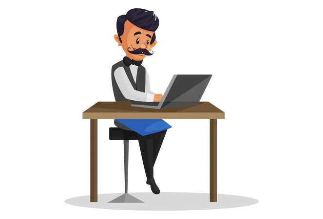 Waiter working on laptop  Illustration