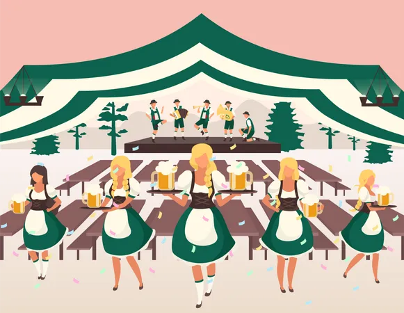 Waiters in national costumes serving drinks Illustration