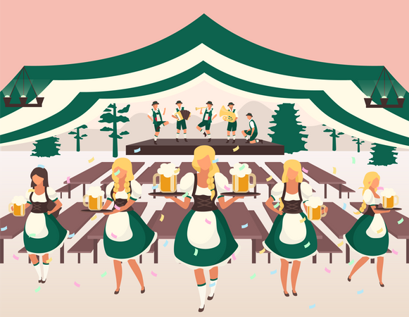 Waiters in national costumes serving drinks  Illustration