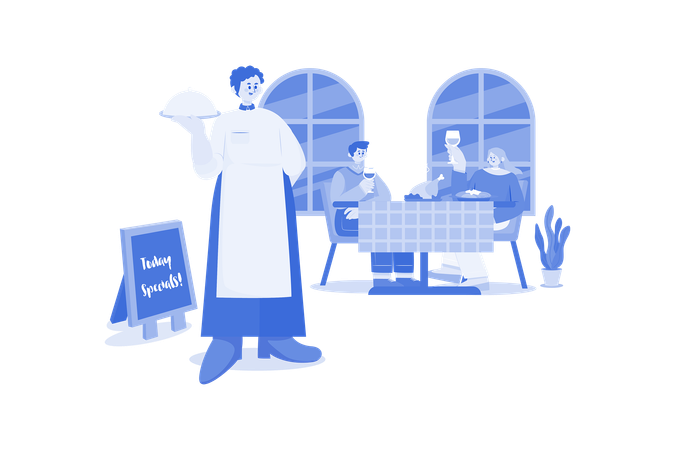 Waiters Serving Tasty Dishes For Customers  Illustration