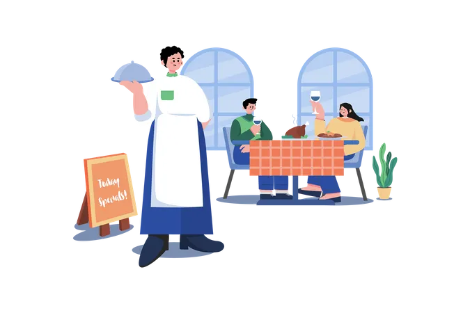 Waiters Serving Tasty Dishes For Customers  Illustration