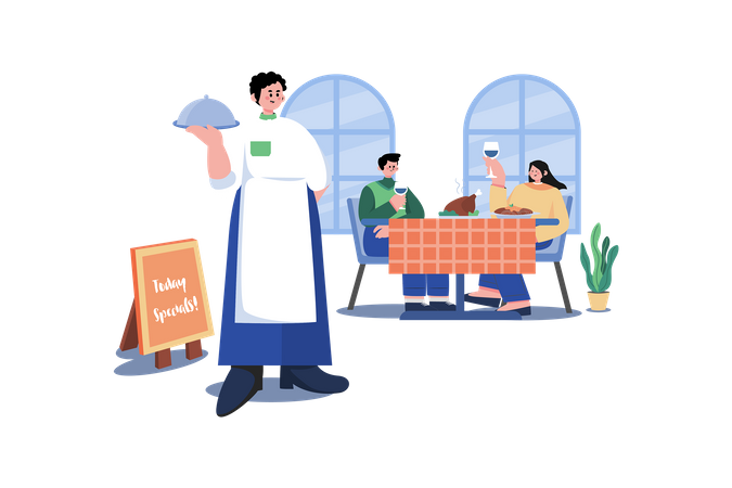 Waiters Serving Tasty Dishes For Customers  Illustration