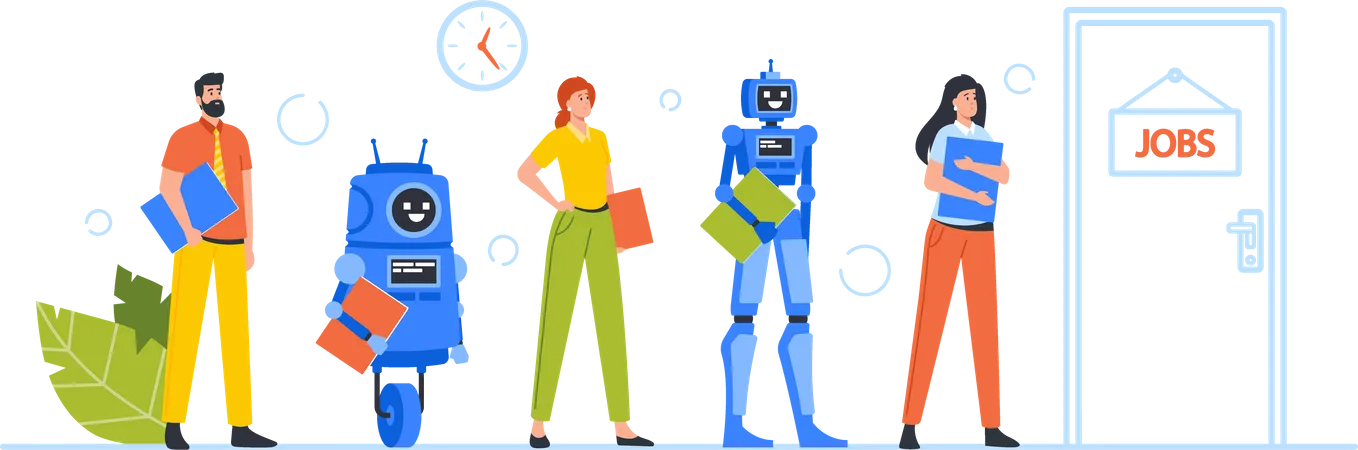 Robots And Human Applicants Characters Stand In Queue Waiting Hiring Interview At Office Hall Hr Robotization Technologies Cyborg VS People Workers Employment Concept Cartoon Vector Illustration Illustration