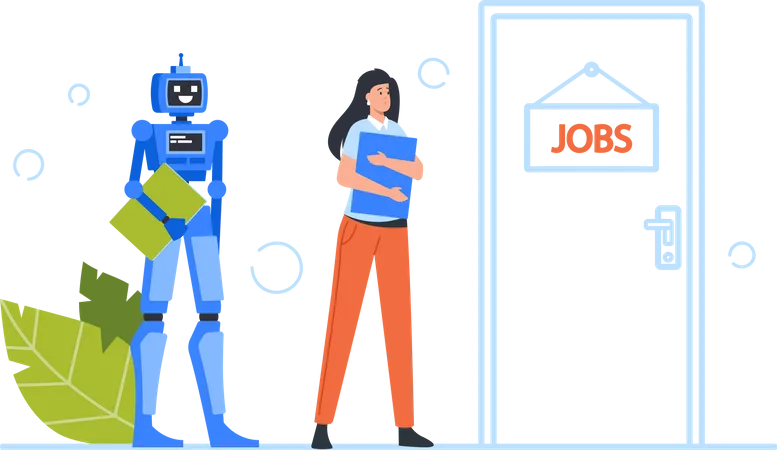 Hr Robotization Cyborg VS Human Concept Robot And Woman Hiring At Work Female Character And Android Waiting Hiring Interview Stand Front Of Door In Office Hall Cartoon People Vector Illustration Illustration