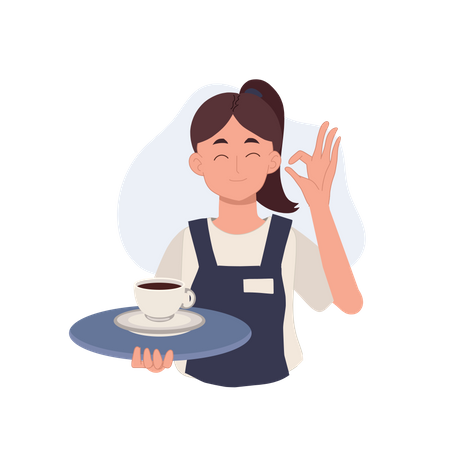 Waitress carrying a tray with coffee is doing okay hand sign  Illustration