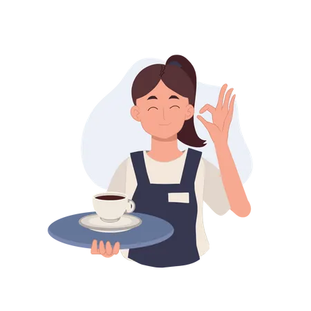 Waitress carrying a tray with coffee is doing okay hand sign  Illustration