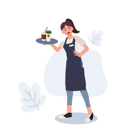 Waitress hold tray with coffee  Illustration